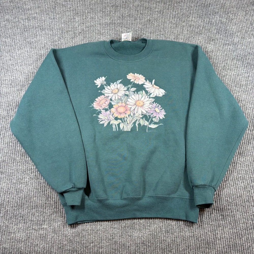 Vintage Jerzees Sweatshirt Women's L  Super Sweats Floral Daisy Graphic Green